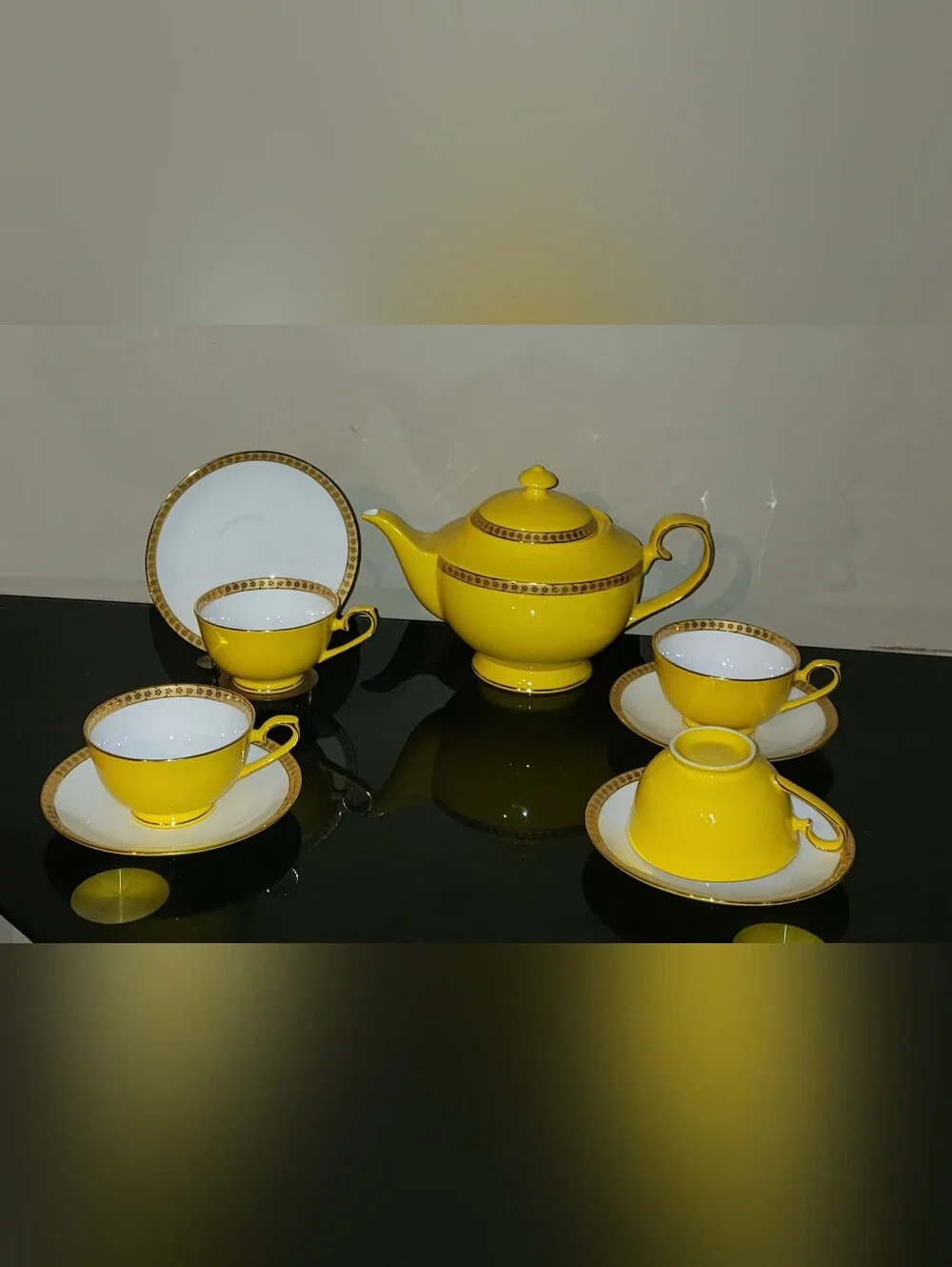 VINTAGE TEAVANA NOBLE POPPY Yellow Porcelain 10 PiecesTea Set with 14K Gold Trim